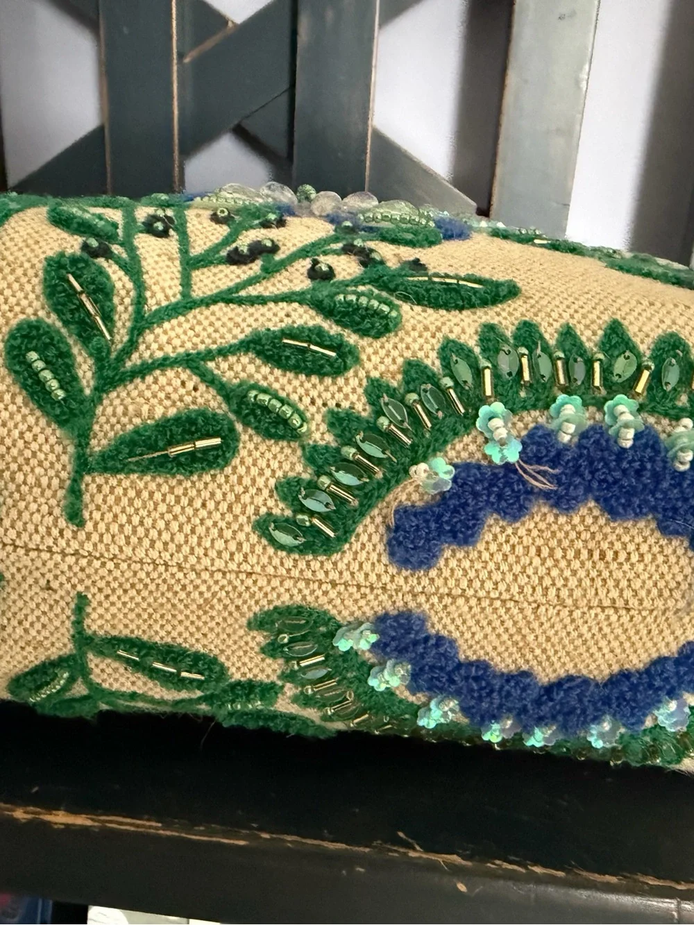 Beaded Bag Floral Embroidered Tote - Green and Blue NWT